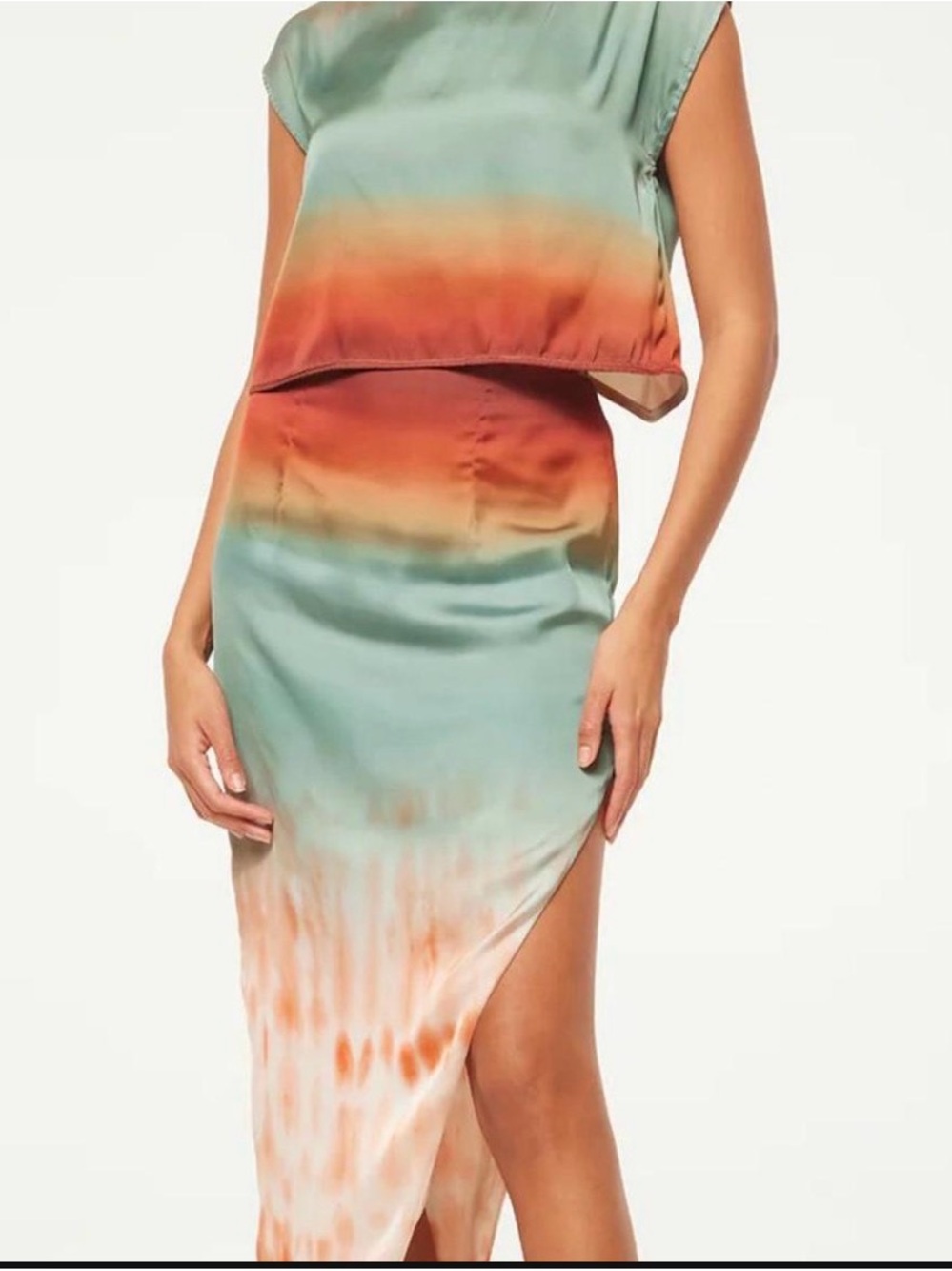 Misa Los Angeles Teal and Rust Ombre Satin Skirt Set
